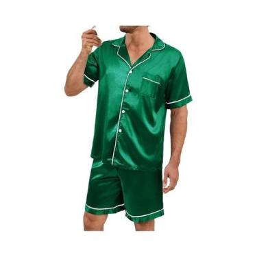 Imagem de Conjunto De Pijama De Verão Masculino Em Cetim Com Camisa De Manga Cur