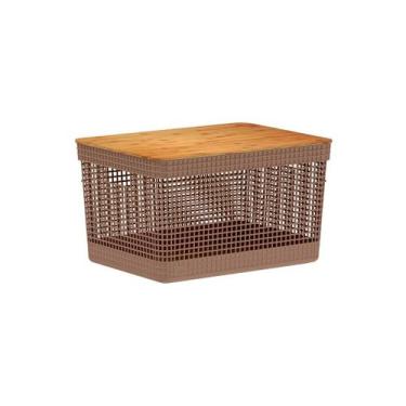 Imagem de Cesto organizador Ou 20L com tampa de bambu Linha Grid, Marrom Amêndoa
