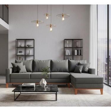 Imagem de Sofá Beny com Chaise Direita, 2,60x1,40m, 4 Lugares, Linho, Base em Ma