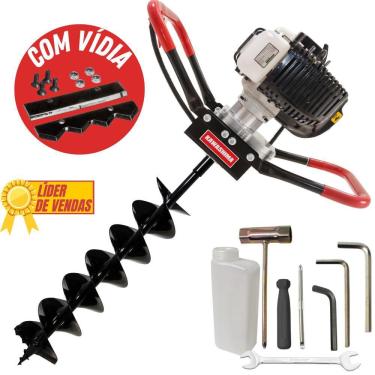 Imagem de Perfurador de Solo Profissional á Gasolina Kawashima ED43EBD 2T 43cc e Broca Duplo Espiral 80x15cm com Vídia Resistente Para Terrenos de Construção