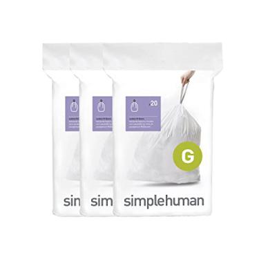 Imagem de simplehuman Code G 60 unidades, pacote de dispensador de forros de ajuste personalizado, sacos de lixo com cordão, 30 litros, branco