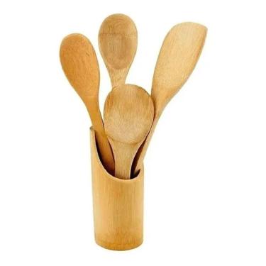 Imagem de Kit Colher De Pau Utensílios Em Bambu 5 Peças com Suporte
