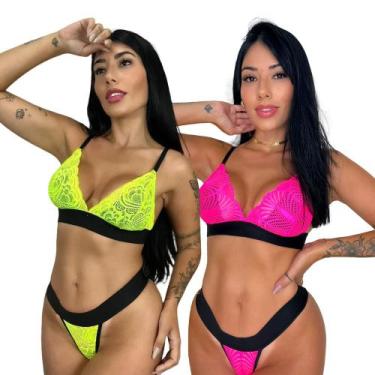 Imagem de Kit 2 Conjunto Lingerie Renda Calcinha Fio Sutiã Sem Bojo Neon Feminin