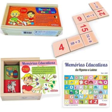 Imagem de Kit Educativo Alfabetização e Tabuada – Dominó de Multiplicação + Memória de Figuras e Letras – Carimbrás