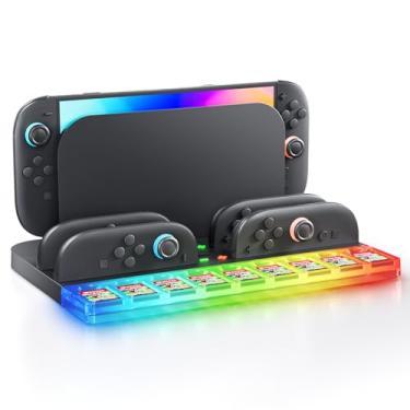 Imagem de Estação de carregamento de controle Switch 2 compatível com Nintendo Switch 2 2025 para 4 Joycons com 7 modos de luz RGB, base de estação de carregamento com 9 compartimentos para cartão de jogo