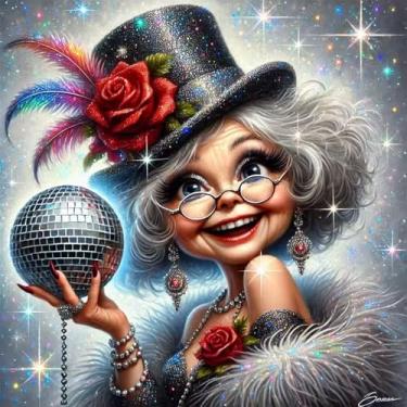 Imagem de GUMITOON Kits de arte disco Old Lady Diamond Art para adultos - Broca completa de pontos de diamante pinturas para iniciantes, pintura 5D redonda com diamantes imagens gem kits de pintura de arte DIY