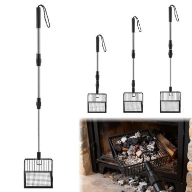 Imagem de Peneira de cinzas de lareira de cabo longo, pá de carvão de metal oca com alça ajustável de 3 seções, pá de carvão resistente ao calor para fogão a lenha, lareira, fogueira e churrasqueira