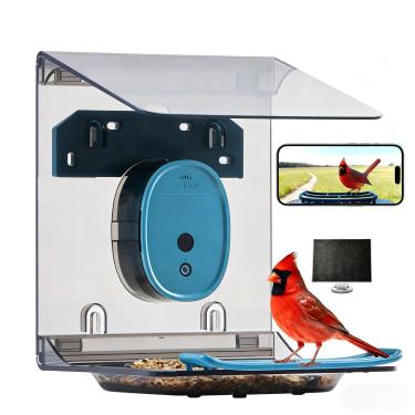 Imagem de Alimentador inteligente de pássaros com câmera, alimentado por energia solar, vídeo HD 2K e identificação de pássaros AI, link via transmissor de sinal (plugue ao roteador), configuração fácil de