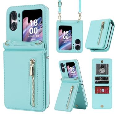 Imagem de Capa carteira flip Oppo Find N2, bolso com zíper com compartimentos para cartões, cordão e suporte, estilo fólio fino com recortes precisos e fecho magnético para uso diário e viagens (mini verde)