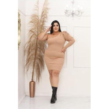Imagem de Vestido Plus Size Curto Manga Longa Princesa Um Ombro - luh may, Bege,