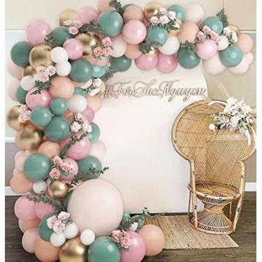 Imagem de Kit de arco de balão de balão verde oliva rosa rosa pêssego dourado rosa boho balão guirlanda de arco Safari Wild One Jungle Baby Shower decorações de festa de aniversário para meninos e meninas, guirlanda de eucalipto de vinhas artificiais