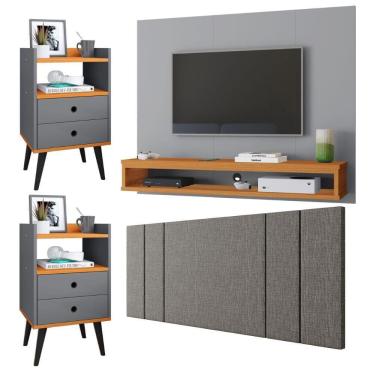 Imagem de Painel Suspenso Tv 50 Polegadas Cissa Cabeceira Estofado Linho Cama Box Casal Luana1,40 Kit 2 Mesinhas Quarto Gaveta Nicho Dream -Cinza/Cinamomo–RPM