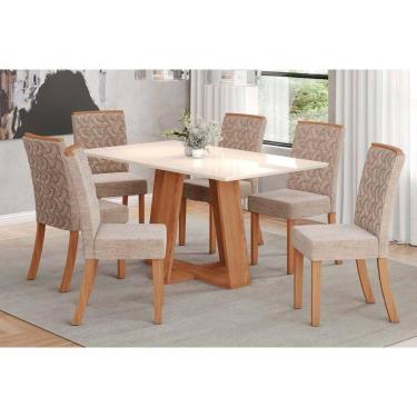 Imagem de Conjunto: Mesa de Cozinha Lins c/ Tampo Madeirado Reto 160x90cm e 6 Cadeiras Esther Nature/Linho Creme - Henn