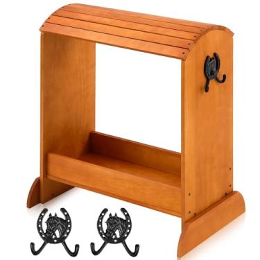 Imagem de Threehoney Suporte para sela de cavalo de madeira de pinho para selas ocidentais e organizadores de aderência de cavalo, acessórios de armazenamento resistentes com 2 ganchos (regular, nogueira)