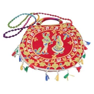 Imagem de Jaipuri Sling Bag, para mulheres e meninas Whight Round para mulheres meninas para presente Item indiano casamento nupcial bolsa de algodão, bolsa de mão para meninas, lindas mulheres pacote de