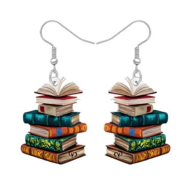 Imagem de DALANE Brincos de acrílico vintage fofos para professores pendurados para mulheres estudantes graduação divertida pilha de livros pingente joias de apreciação para amantes de livros bibliotecários