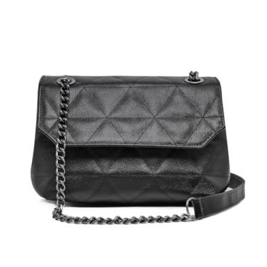 Imagem de Bolsa Feminina Preta De Couro Legitimo Alça Corrente Moda Festa Casual Ombro Lado Bordado Triangulo