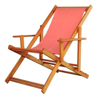 Imagem de Espreguiçadeira em Madeira Maciça para Piscina, Praia – Com Braço, Dobrável, Acabamento Envernizado (Salmão)