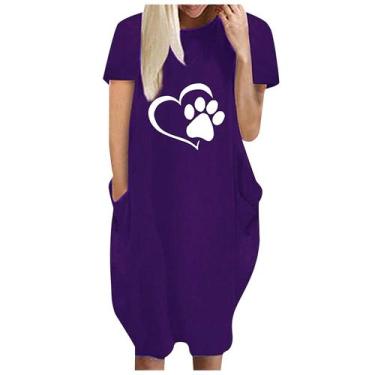 Imagem de Moda Feminina Loose Love Print O-neck Bolsos Casual Vestido de mangas 