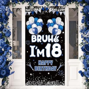 Imagem de Decoração de aniversário de 18 anos, faixa de cobertura de porta para meninos homens azul branco Bruh I'm 18 Birthday pano de fundo para meninas adolescentes 18 anos de idade decorações de festa de