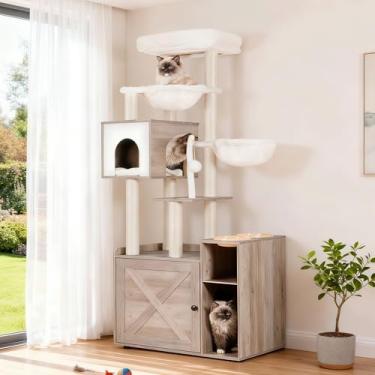 Imagem de Hey-brother Torre moderna para gatos internos com plataforma grande, estação de comida...