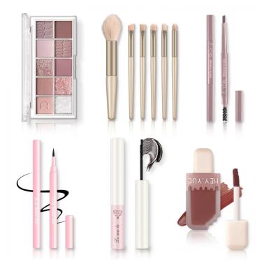 Imagem de Kit Maquiagem Tudo em Um Qiong Rosa Paleta Sombras 10 Cores Máscara Impermeável Brilho Labial Pincéis 6 Peças
