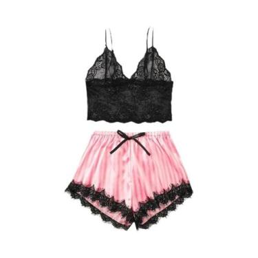 Imagem de Conjunto De Pijama Feminino De Verão Em Seda Satin Com Decote Em V, Se
