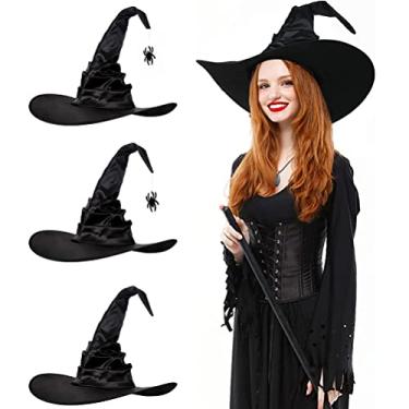 Imagem de 3 PCS Halloween Witch Hats Black Spider Bat Witch Hat Large Ruched Witch Hat Women Costume Accessory for Halloween Cosplay Party, Prank Prop Witch Hats