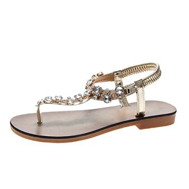 Imagem de Sandálias planas à beira-mar sapatos rasos de madeira primavera sandálias espinha de peixe e sandálias elásticas de strass flip verão (ouro, 7,5)