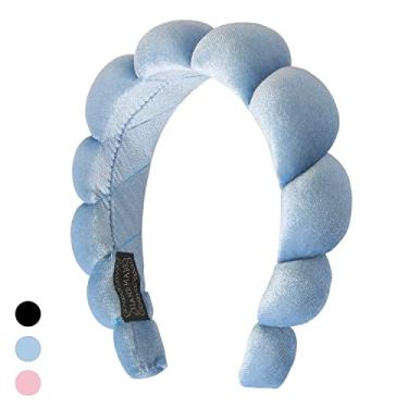 Imagem de FCLEIH Fitas de cabelo femininas para spa, esponja e tecido felpudo para lavar o rosto, remoção de maquiagem, chuveiro, cuidados com a pele (azul)