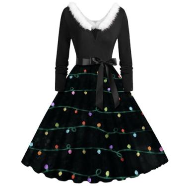 Imagem de Vestido feminino elegante evasê com estampa natalina, vestido de noite temperamento decote em V, vestido de formatura felpudo, vestido rodado, Bronze, GG