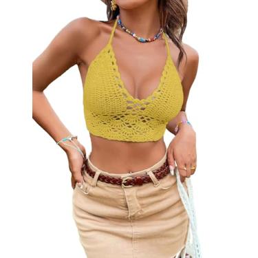 Imagem de SOLY HUX Blusa feminina de crochê com decote em V e frente única branca, Amarelo puro, M