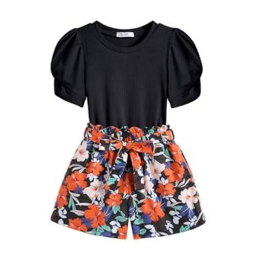 Imagem de Arshiner Conjunto de 2 peças de roupas de verão para meninas, manga bufante torcida e bolsa de papel de cintura alta com bolsos, Flor preta, 3-4 Anos