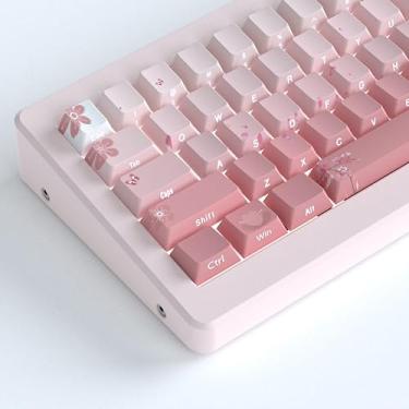 Imagem de Tsungup PBT Conjunto de teclas Cherry Blossom – teclas rosa impressas laterais personalizadas, 135 teclas gradientes DoubleShot Sakura Teclas de teclado de perfil de cerejeira para teclados mecânicos