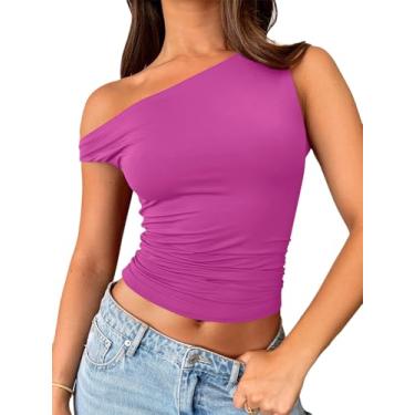 Imagem de Trendy Queen Camisetas femininas com ombros de fora, sem mangas, regatas cropped justas Y2K, roupas de verão 2024, Rosa choque, P