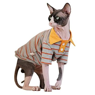 Imagem de Sphynx Camiseta polo de algodão gatinho sem pelos com mangas pulôver pijama gato para Sphynx Cornish Rex, Devon Rex, Peterbald (polo laranja cinza, 2GG)