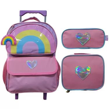 Imagem de Kit Mochila Yins Escolar De Carrinho Infantil Menina + Lancheira + Estojo Kit Rainbow -...
