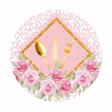 Imagem de Painel de Lona Redondo Chá de Cozinha Flores  Aquarelas e Diamantes e 