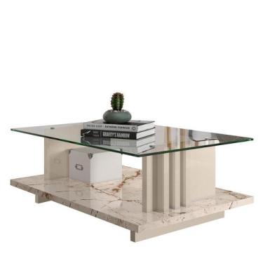 Imagem de Mesa de Centro Frizz com Tampo de Vidro - Madetec, Calacata/Off White