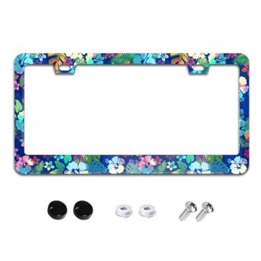 Imagem de Moldura de placa de licença floral de flores de hibisco azul tropical rosa moldura de alumínio acessórios de carro capa com 2 furos e parafusos 30 x 15 cm para decoração de placa de carro frontal