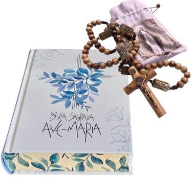 Imagem de Kit Bíblia Católica Terço Mistérios do Rosário Ave Maria Flores Crucif
