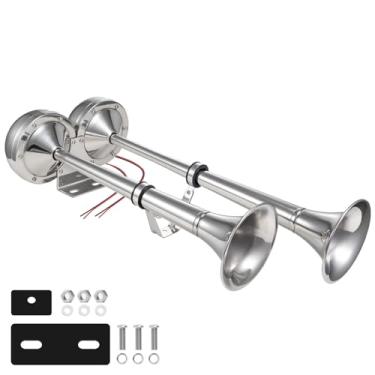 Imagem de Chifre náutico 12 V, buzina marinha de aço inoxidável polido, chifre marinho Banhao, tom baixo e alto com suporte ajustável, buzina de trompete dupla completa