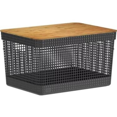 Imagem de Cesto Organizador Grid Com Tampa De Bambu 20 Litros - OU, Preto