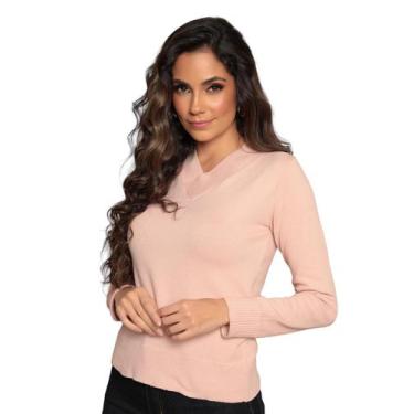 Imagem de Blusa Tricot Feminina Sueter Gola V Manga Longa - AG Acessórios, Rose,