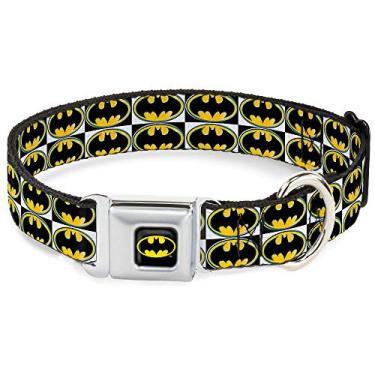 Imagem de Buckle-Down Coleira para cães com fivela de cinto de segurança – Xadrez com escudo do Batman – 2,54 cm de largura – serve para pescoços de 22,86 cm – Pequena