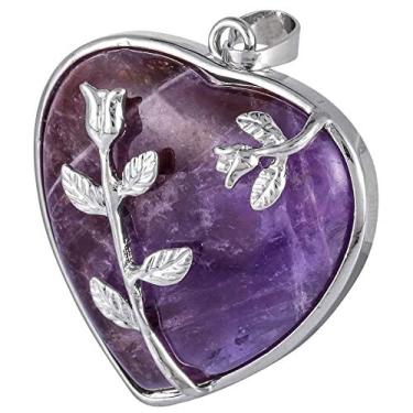 Imagem de Nupuyai Pingente de pedra de coração com corrente para homens e mulheres, colar de cristal esculpido à mão para o amor Roxa