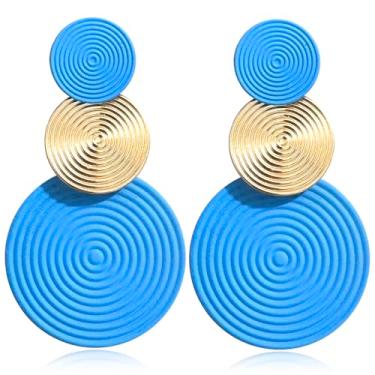 Imagem de Brincos pendentes longos de liga redonda feitos à mão - Brincos de disco redondo vintage dos anos 60, 70 e 80 anos 80 - Brinco feminino boho leve de verão para praia, Large, Metal, Sem pedra preciosa