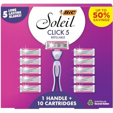 Imagem de BIC Soleil Click 5 Lâminas de barbear recarregáveis femininas, perfeitas para conjuntos de presentes femininos, 1 alça e 10 cartuchos, pacote com 11