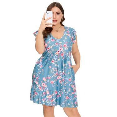 Imagem de ShopWonder Vestido feminino plus size casual com decote em V, solto, rodado, babados, vestido midi com bolsos, Verde, rosa, Vc, GG