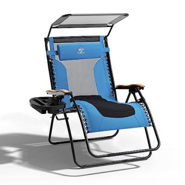 Imagem de doubob Cadeira de acampamento com gravidade zero, cadeira reclinável dobrável, para uso ao ar livre, gramado, ajustável, com sombra de dossel, apoio de cabeça, bandeja de bebida lateral azul